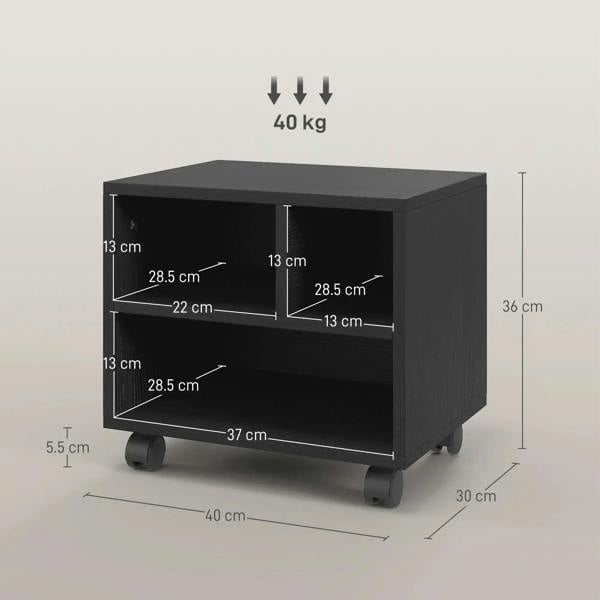 Black three-compartment printer cabinet with labeled dimensions and caster wheels