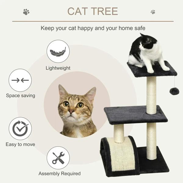 Black cat tree with top perch, middle platform, sisal posts, and dangling ball