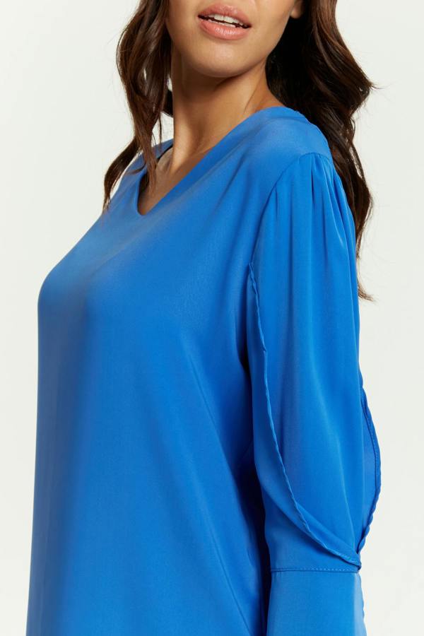 Hoxton Gal Oversized Detailed Sleeves V Neck Tunic in Blue