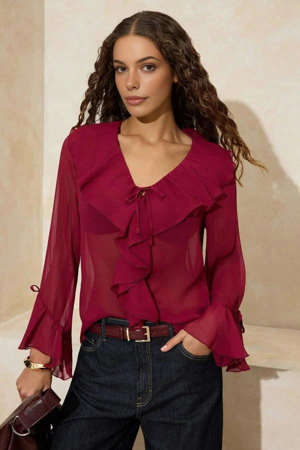 WOVCOR Ruffled Detail Transparent Chiffon Woven Blouse