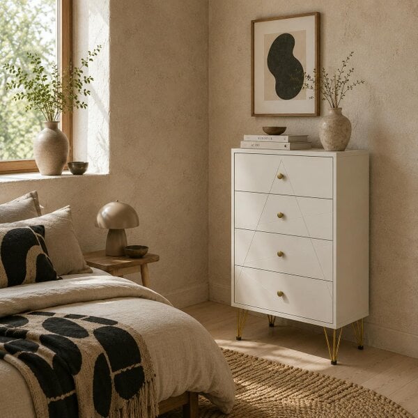Wyld Haus Nebaso Metal And Wood White Tall 4 Drawer Chest With Hairpin Legs