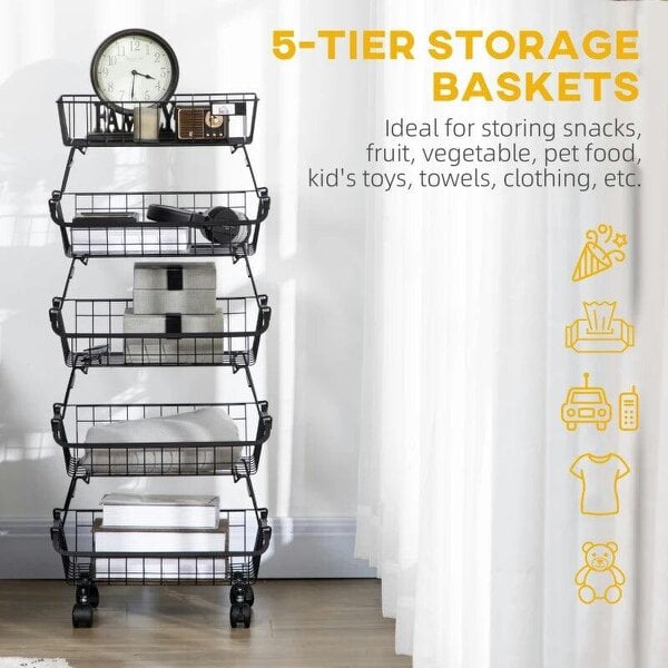 Bobobiy 5 Tier Storage Trolley, Stackable Fruit Vegetable Cart for Kitchen, Living Room, 40 x 2 x 97 cm, Black
