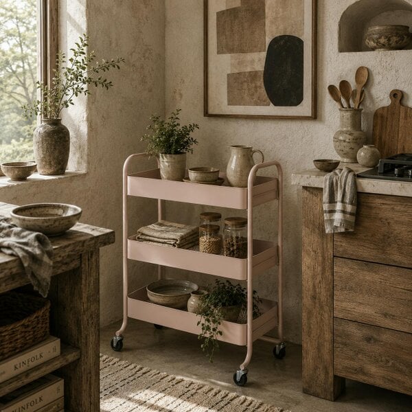 Wyld Haus Noluli Doha Metal Light Pink 3 Tier Rolling Utility Trolley With Mesh Baskets