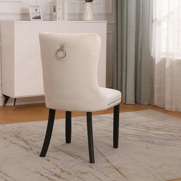 Neo Set of Four Studded Natural Velvet Dining Chairs with Ring Knocker Detail