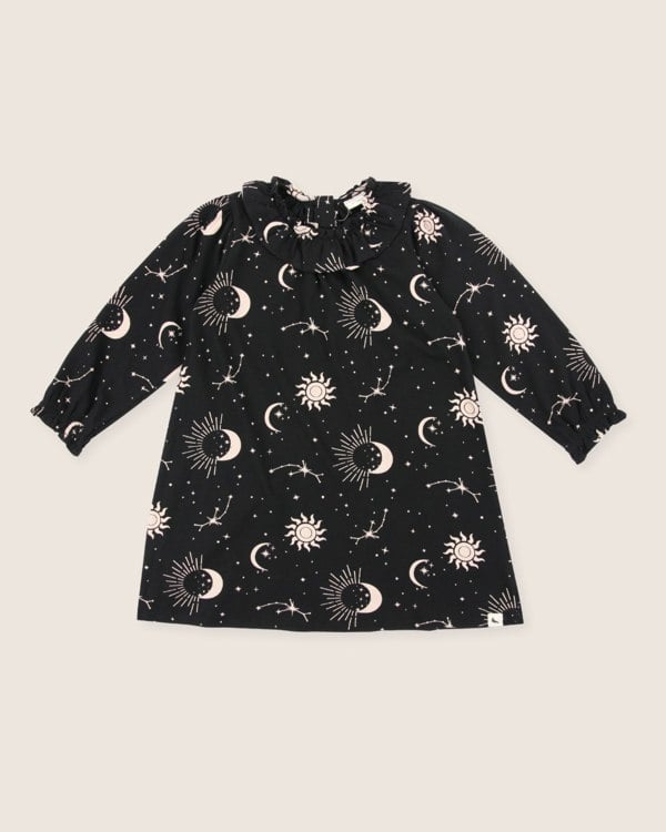 organic cotton Black Celestial Print Ruffle Neck Dress- image 2