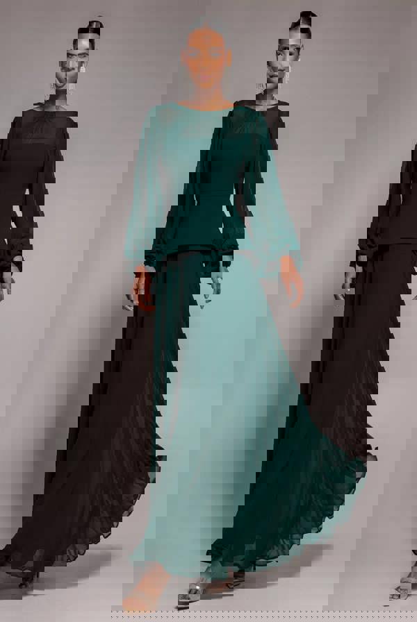 Bishop Sleeve Peplum Top Scuba Crepe And Chiffon Maxi Dress - Emerald Green DR4916