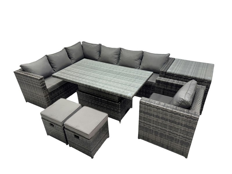 Fimous 9 seater Height Adjustable Rising Table Corner Sofa Set Rattan Garden Furniture Dining Set with 2 Small Stool Side Table Dark Grey Mixed
