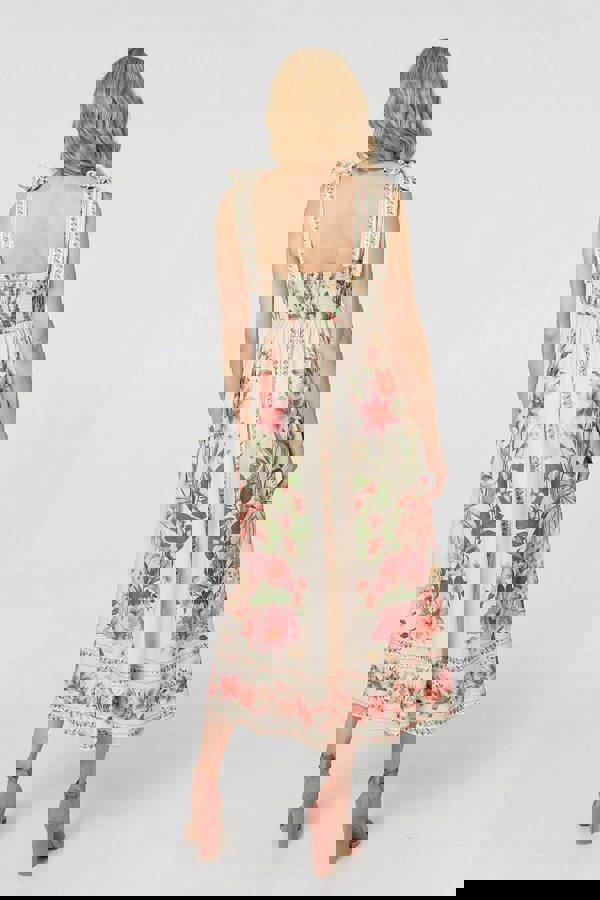 Beige | Floral Border Print Tie Strap Midi Dress
