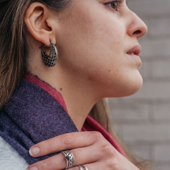 The Colourful Aura Large Silver Oxidised Vintage Retro Braided Dainty Statement Hoop Earring