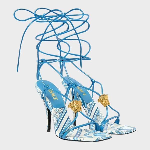 Versace Medusa Barocco Square Toe Heeled Sandals Blue White