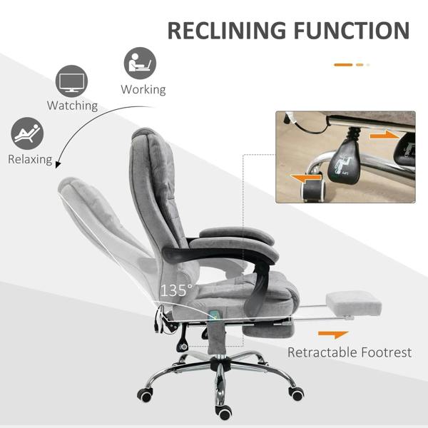 Grey reclining executive office chair with retractable footrest and swivel base