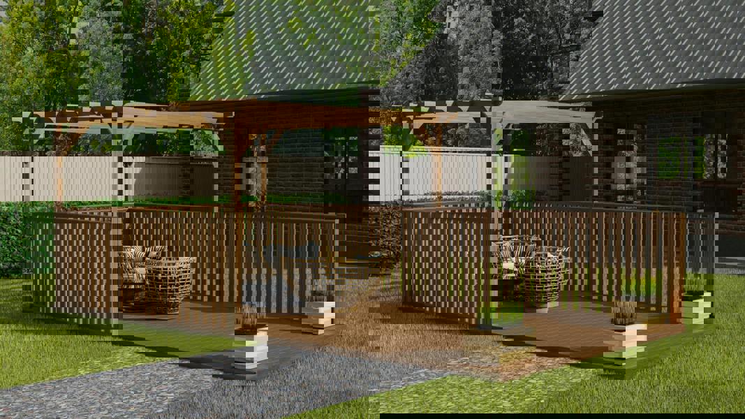 Rectangular pergola and decking kit with balustrade, made from pressure treated timber and high quality pergola posts, featuring a raised wooden deck, vertical slatted balustrade, and an open pergola roof frame.