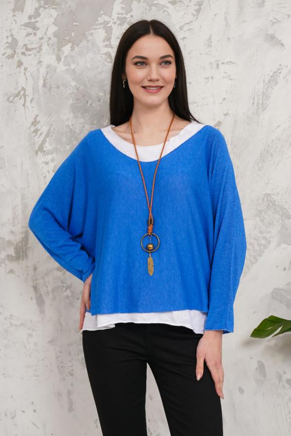 Hoxton Gal Oversized Long Sleeves Double Layered Top in Blue