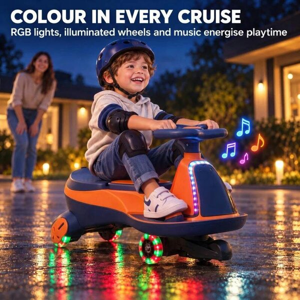 12V Electric Wiggle Car, 2-In-1 Kids Ride On Toy with 2 Speeds, Soft Start, PU Wheels, RGB Lights, Up to 60 kg, Orange