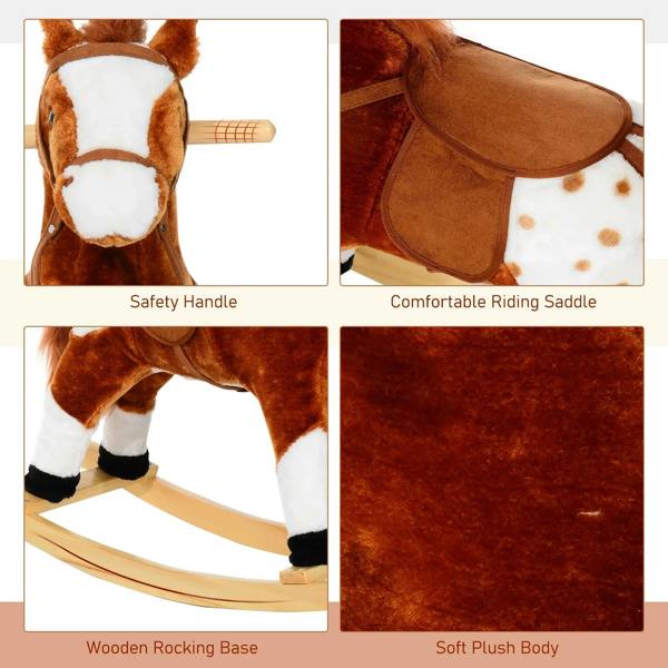 Brown plush rocking horse details: safety handle grip, padded riding saddle, wooden base