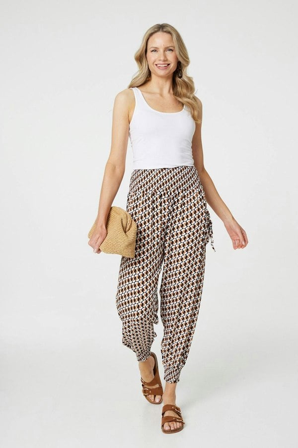 Beige | Geo Print High Waist Tassel Harem Pants