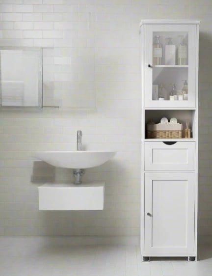 Modcraft Free-Standing Tall Bathroom Cabinet with Drawer, Glass Door & Open Shelf - Cloud White