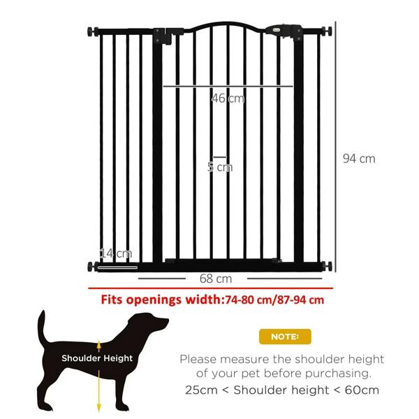 Black tall pressure-fit dog gate with vertical bars and adjustable frame width