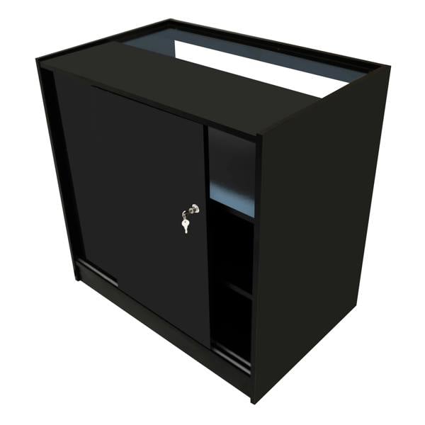 Luna LED Shop Counter Set in sleek black, featuring a spacious top, sliding door, and open shelving for versatile display options