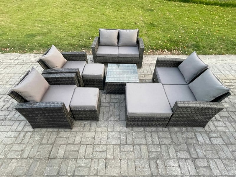 Fimous 8-Piece Rattan Garden Furniture Set - Dark Grey Mixed Wicker Patio Sofa Conversation Set with 3 Footstools