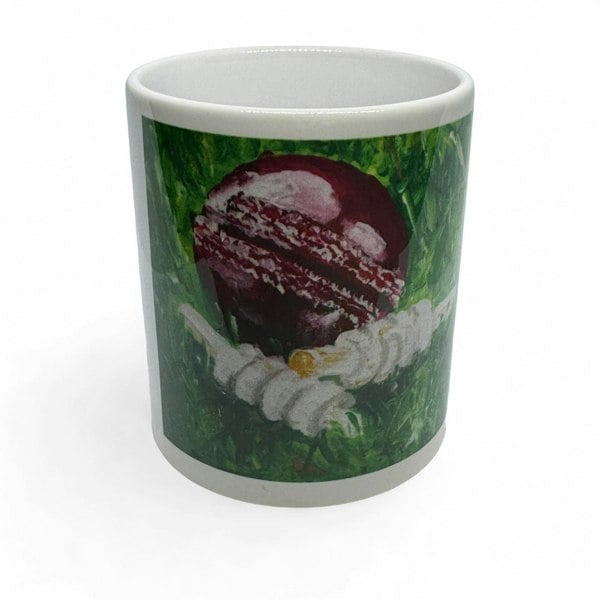 CRICKET-GIFTS - Cricketer's Mug | Ceramic Design by Anthony Kelly | Cricket Ball & Bails Artwork | 300ml Capacity