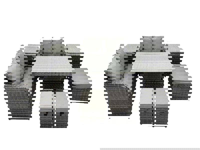 Fimous 7 seater Patio Height Adjustable Rising Lifting Table Sofa Sets Rattan Garden Furniture Dining Set with 2 Side Table 3 Stools Dark Grey Mixed