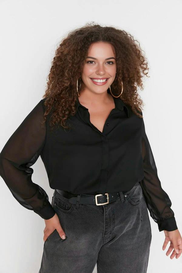 WOVCOR Long Sleeve Buttoned Chiffon Woven Plus Size Shirt