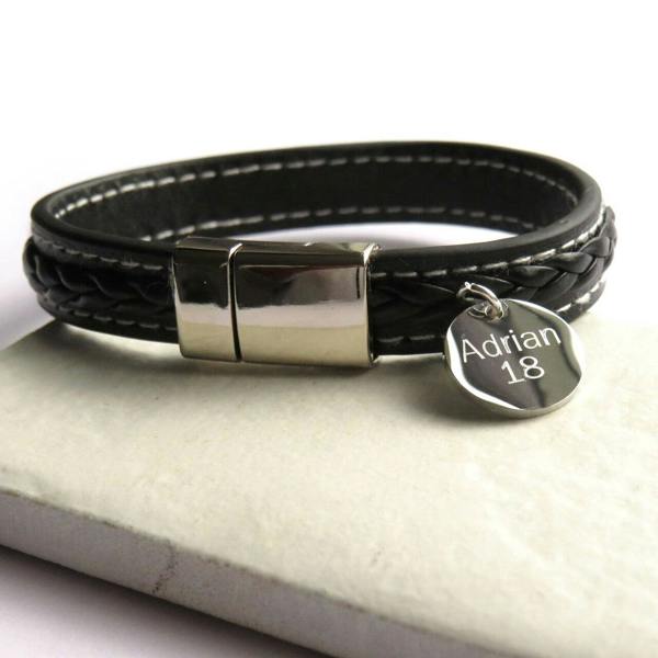 Personalised Men's Stitched Black Leather Bracelet