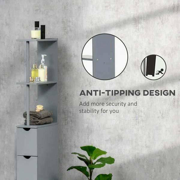 Grey tall bathroom cabinet with open shelves and drawer, shown with anti-tip feature.
