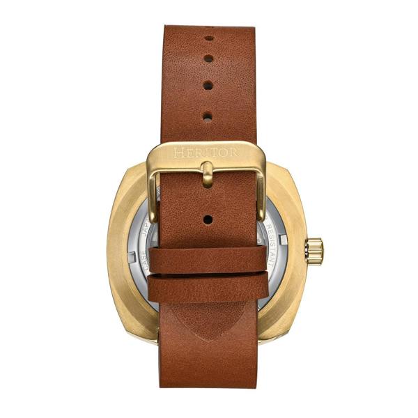 Heritor Automatic Davenport Engraved-Case Leather-Band Watch w/ Date - Gold/Brown - HERHS3203