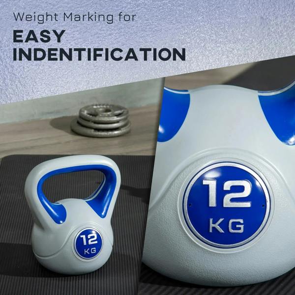 12 kg kettlebell with blue handle, light grey body, round blue label on front