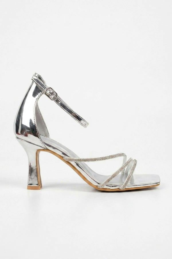 Saoirse Patent Rhinestone Strap Square Sandals - Silver