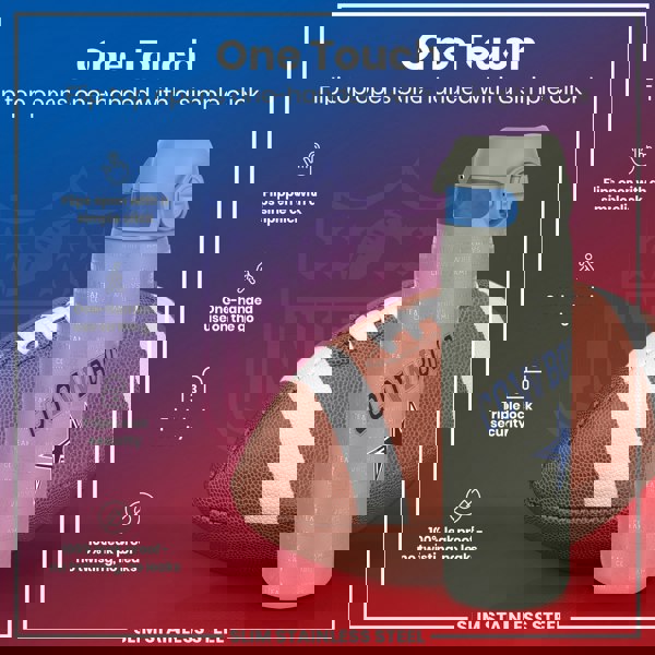 A gray water bottle, featuring a flip top and Dallas Cowboys branding, sits next to an American football; it is advertised as one-handed, leak-proof, and secure.