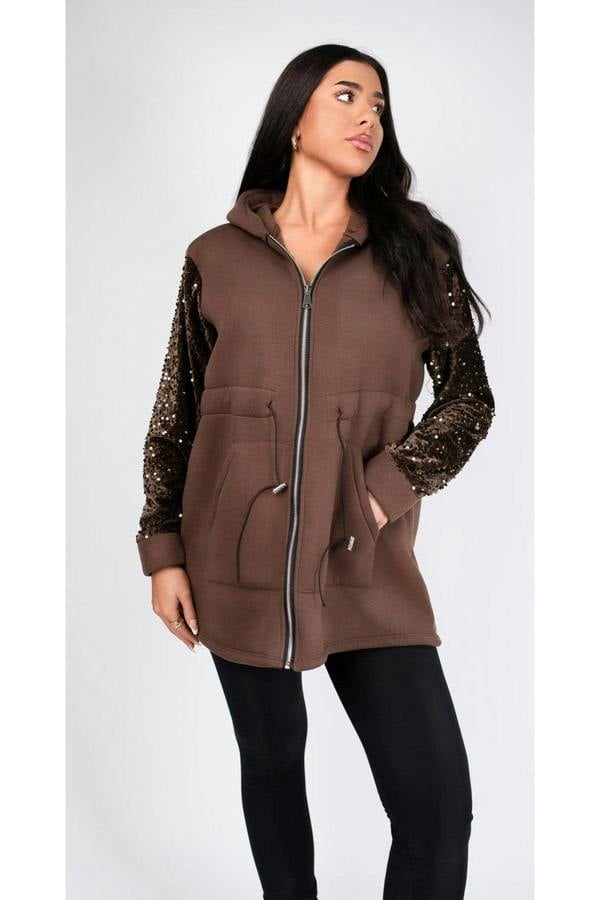 Evalora Zip Up Hoodie With Sequin Sleeve Detail - Brown