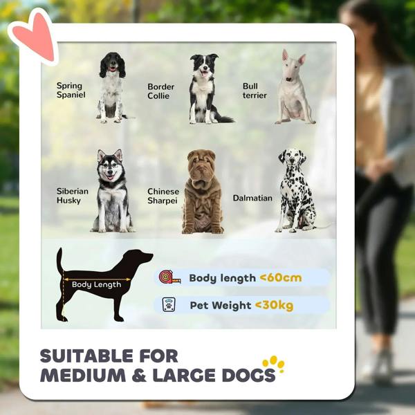 Foldable pet stroller size guide graphic with dog silhouettes