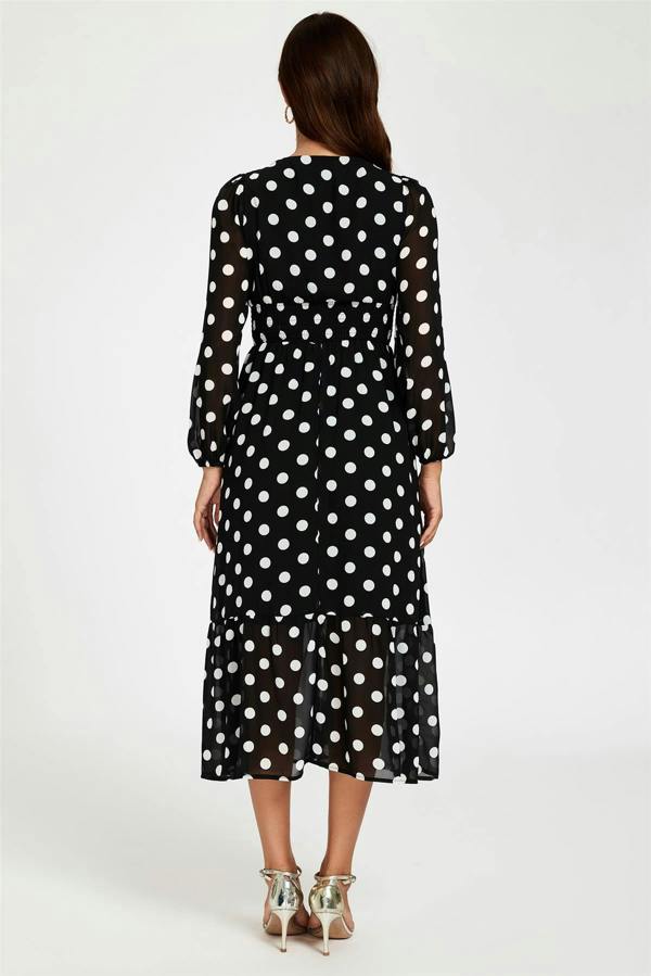 FS Collection Dot Print Lace Trim Long Sleeve Maxi Dress In Black