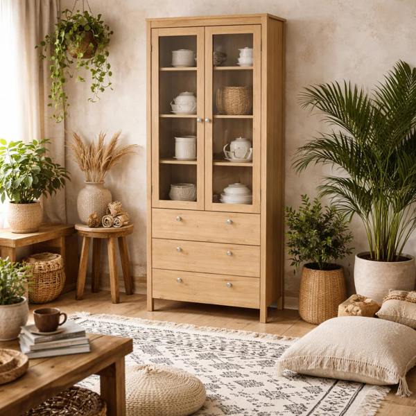 Wyld Haus Gossmere Hickory Oak Effect China Cabinet 2 Doors 3 Drawers