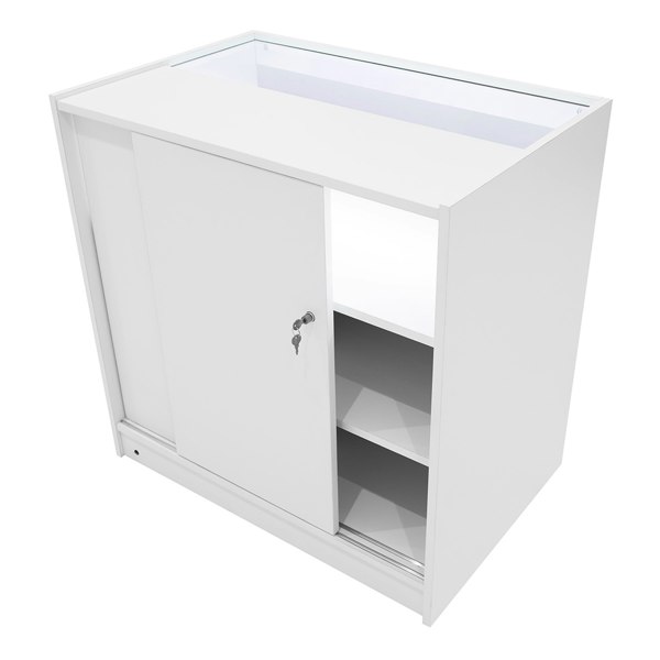 Adonis LED Shop Counter Set in white, featuring sliding doors, shelves, and a sleek modern design ideal for retail displays
