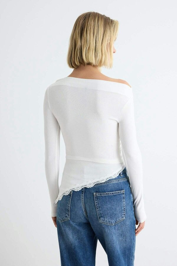 WOVCOR Fitted Boat Neck Long Sleeve Lace Detail Ribbed Blouse