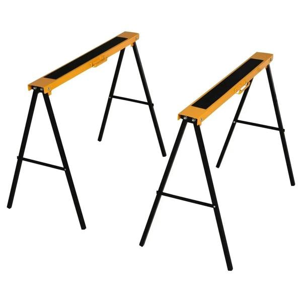 Folding A-frame sawhorse stands with orange top bars and black steel legs (2-pack).