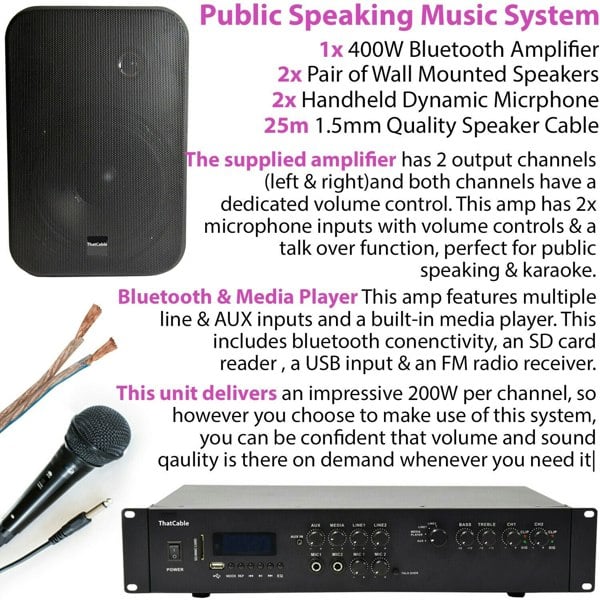 400W Bluetooth Sound System 4x Black Wall Speakers School Hall Voice & Music Kit