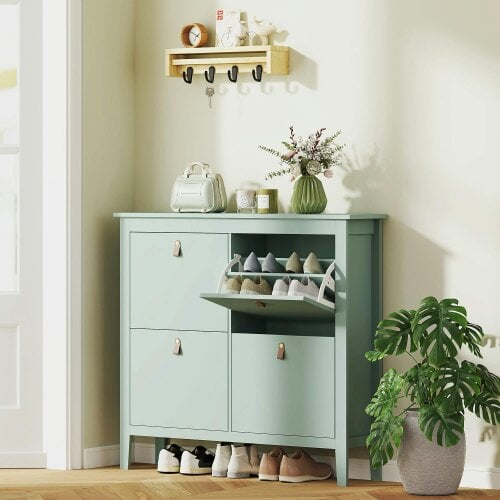 Wyld Haus Margarita Wooden Mint Green 4 Drawer Shoe Cabinet Faux Leather Handles