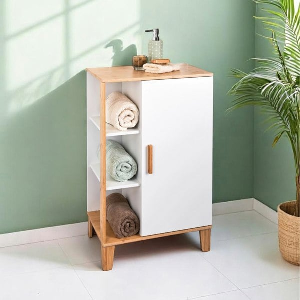 Showerdrape Varallo Matt White & Bamboo Floor Bathroom Cabinet with Display Shelves