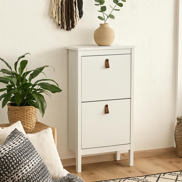 Wyld Haus Wildberry Matt White Wooden Shoe Cabinet 2 Flip Down Doors Leather Handles