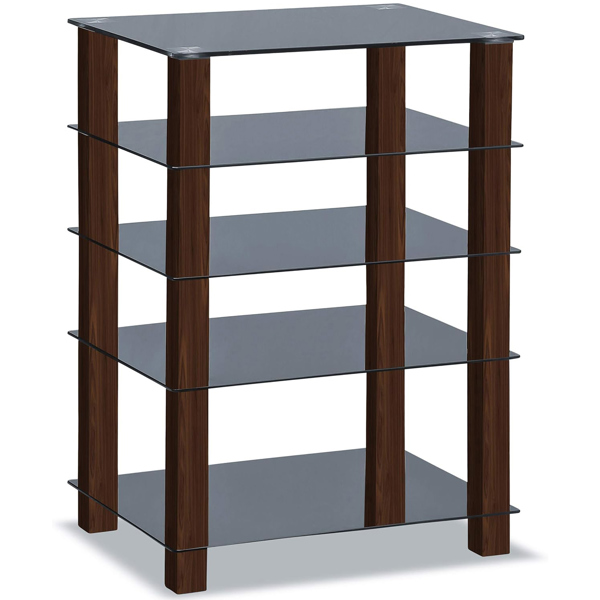 Centurion Supports TRINITY Gloss Black 5 Shelf with Walnut Legs Flat Screen TV Rack Glass Stand