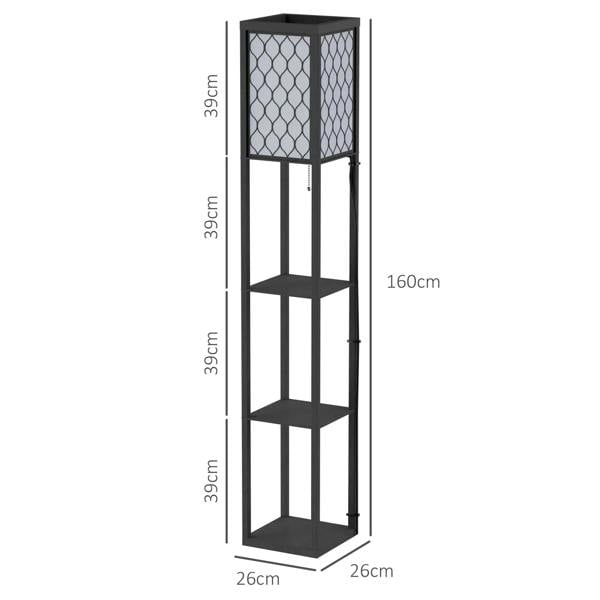 Black 4-tier standing shelf lamp with lattice lampshade; includes size proportions