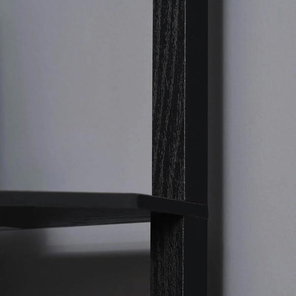 Close-up of black textured corner shelf lamp frame and shelf support bars