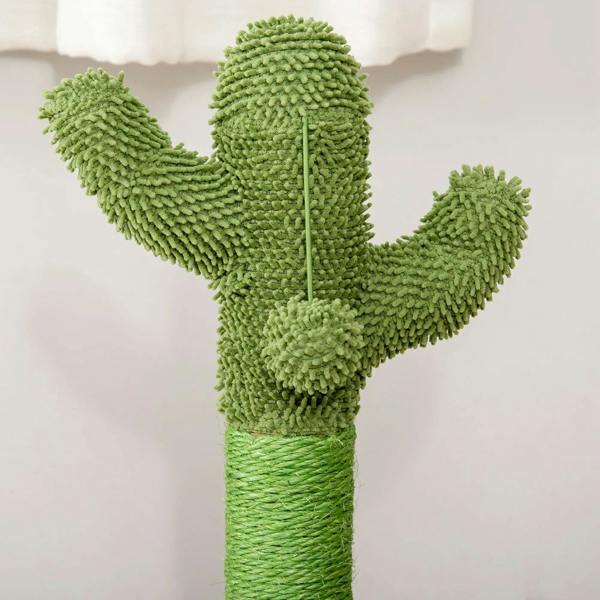 Close-up of green cactus cat scratching post with textured sisal cactus body