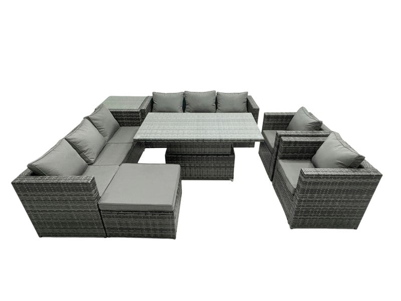 Fimous 9 Seater?Outdoor Rattan Garden Furniture Adjustable Rising Lifting Table With Side Table Chairs Footstool Dark Grey Mixed