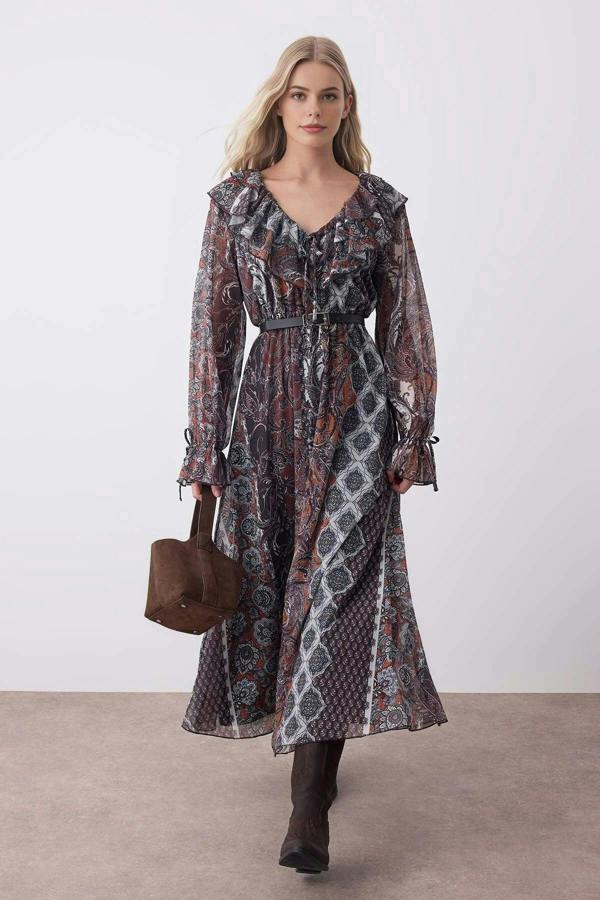 WOVCOR Printed Ruffle Detail Skater Midi Stretchy Knit Dress